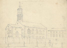 Sketch shows a large two-story building with a steeple and many windows, behind a wooden fence.